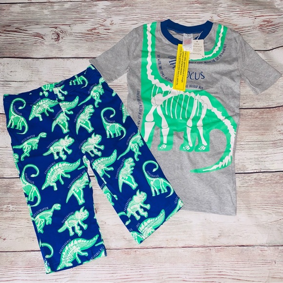 New Mini Boden Gray Dinosaur Glow in the dark 2 Piece Pajama Sleepwear Set 13Y - Picture 2 of 4